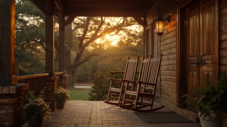 Front porch with rocking chairs at sunset
