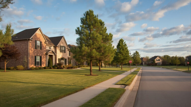 Pine-lined suburban street — Spring, TX